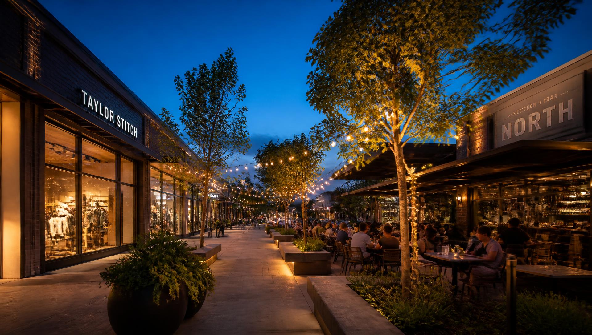 Outdoor retail and dining district glowing at twilight